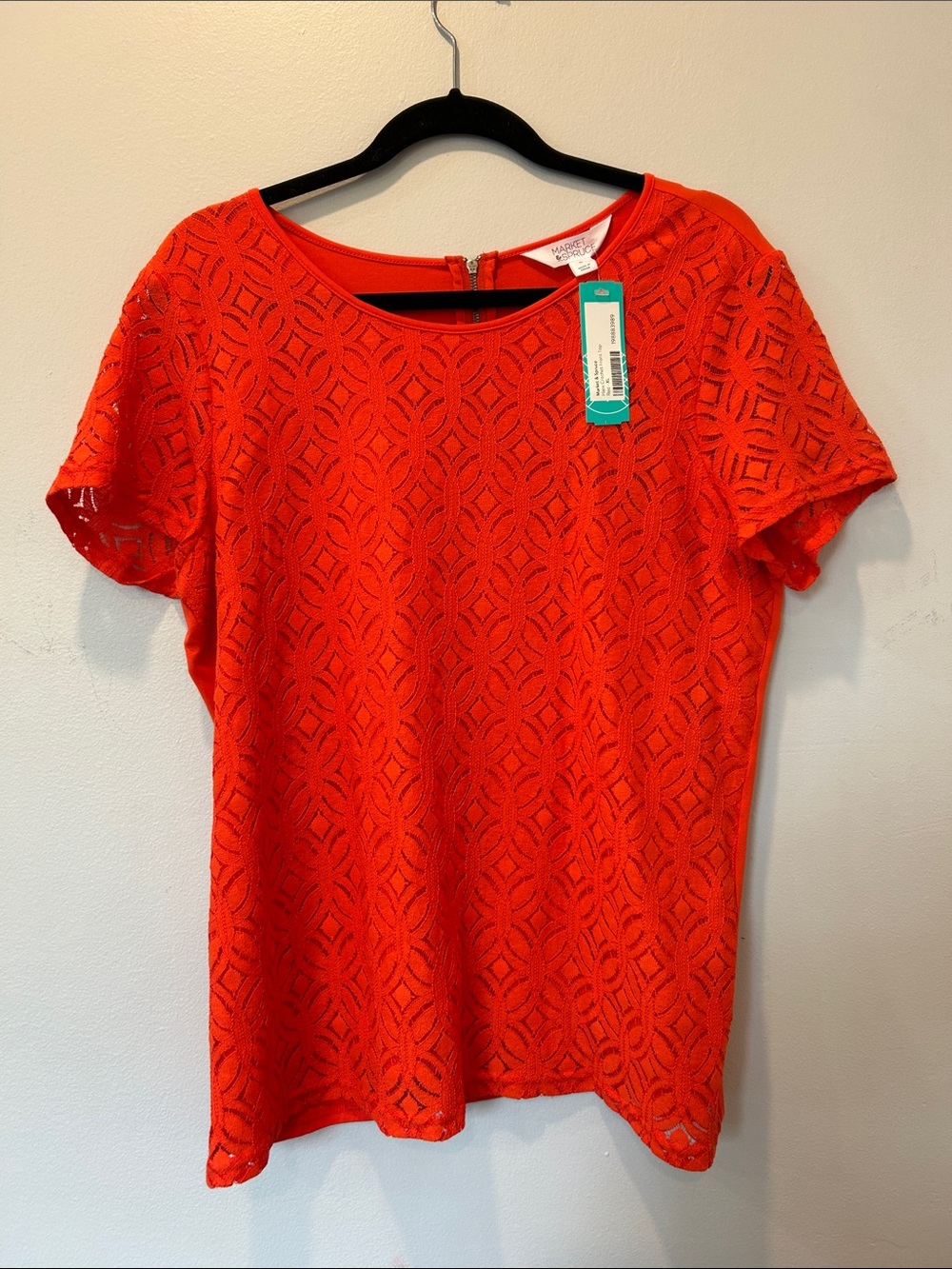 Market & Spruce Orange Lace-Overlay Short Sleeve Blouse